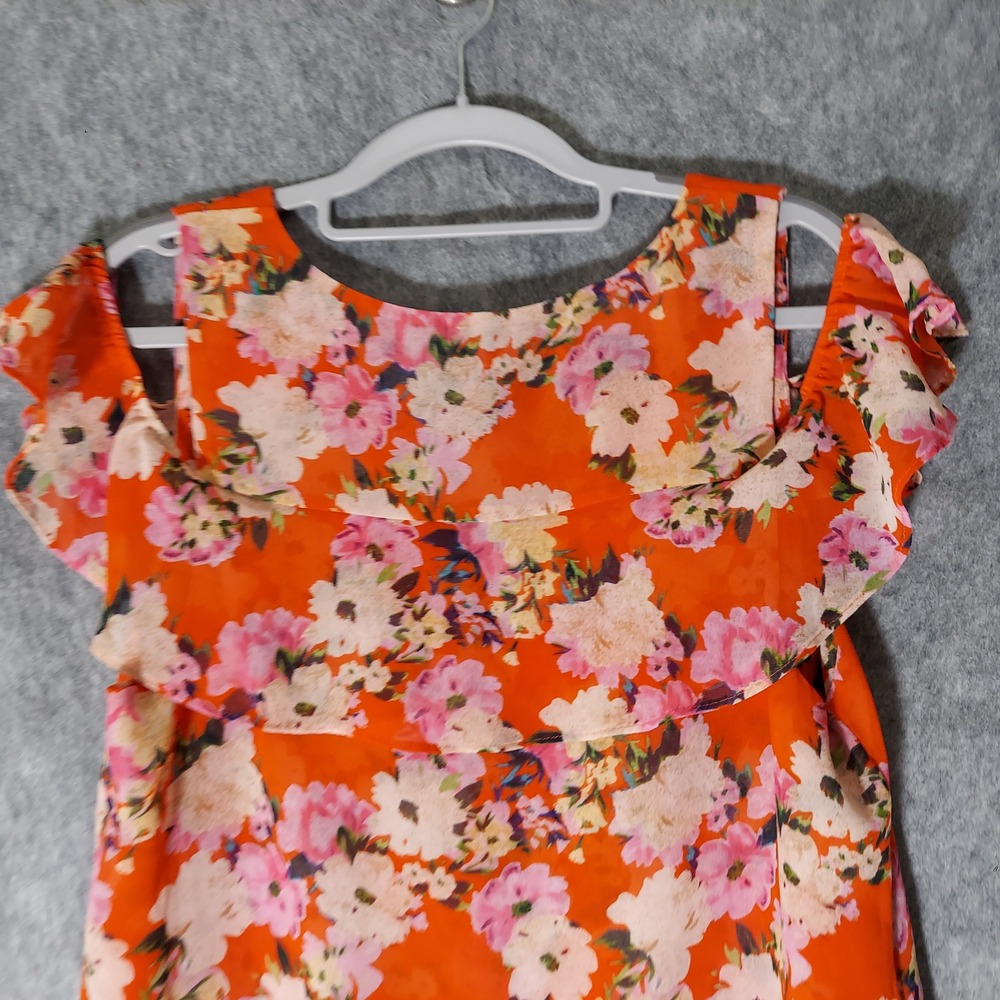 Cabi Women Top M Red Floral Boho Cold Shoulder Ruffle Flutter Sleeve Chiffon - Picture 10 of 12